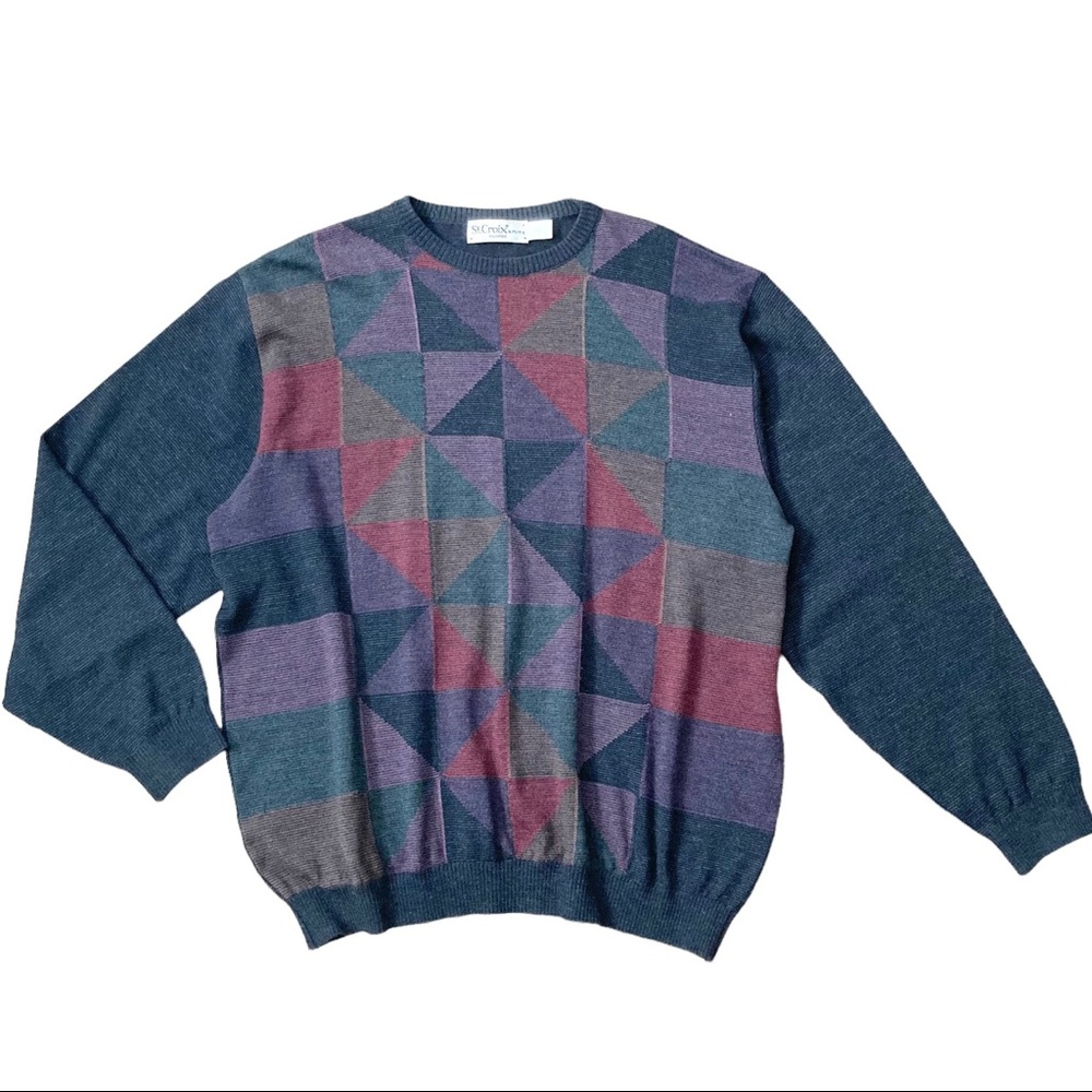 St. Croix Knits Vintage Multicolor Wool Geo Print Crewneck Sweater
